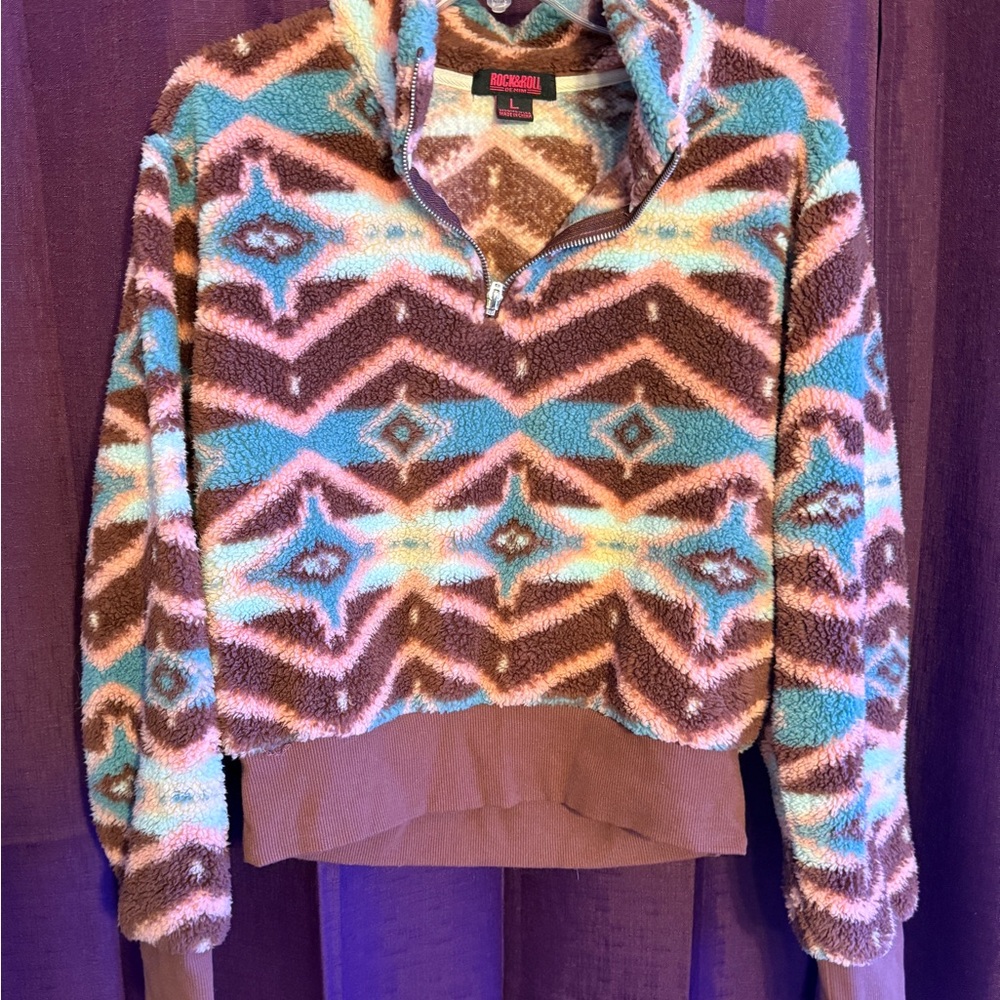 Rock & Roll Cowgirl Multicolor Cropped Aztec Sherpa Fleece Pullover